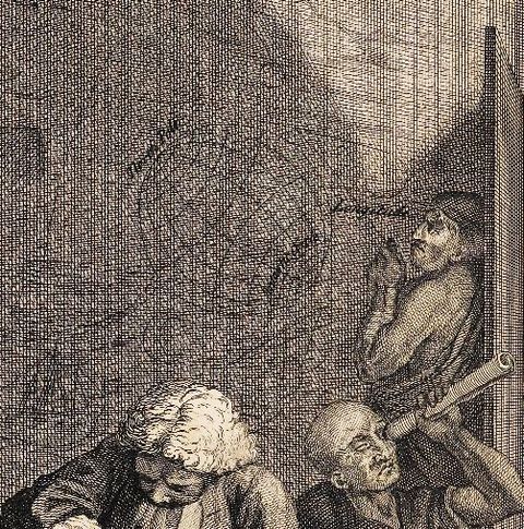 Engraving. Detail view of the back wall of a room, on which is drawn a globe with latitude and longitude lines. A man peers at the drawing, a piece of chalk in hand. He wears a cap and has a white beard. A cloth draped diagonally across his torso leaves one muscular arm and shoulder bare. 