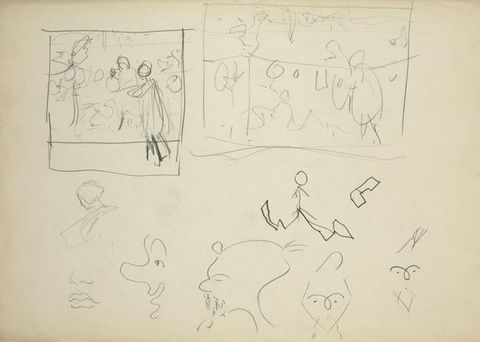 Drawing. Two rectangles at the top of the sheet block out the forms of people and round lanterns. A few comic heads with exaggerated features are drawn below.