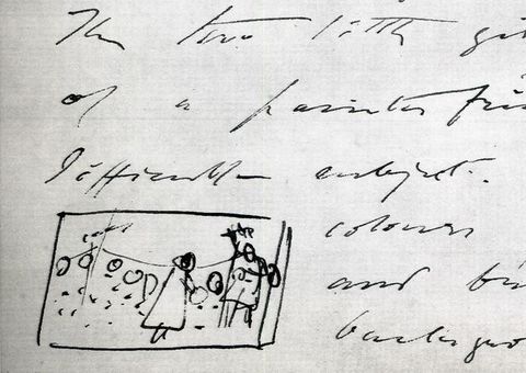 Letter. Detail view of a handwritten letter with a thumbnail sketch of two people in front of a row of lanterns.
