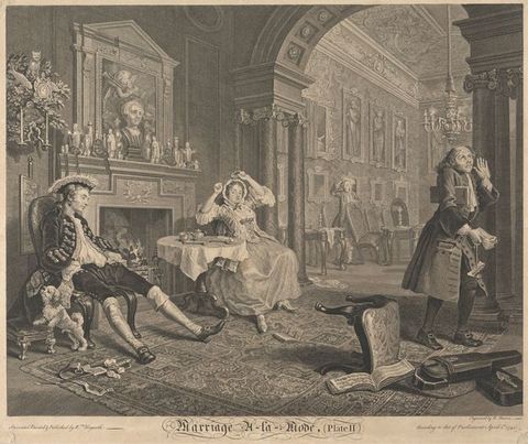 Print. In front of a hearth in a lavishly decorated room, a woman sits and stretches as a man leans back in his chair with feet extended. To our right, another man walks away from the pair, one hand raised as he looks upwards and holding papers in his other hand. The title is in flourished copperplate script below: “Marriage A-la-Mode (Plate II)”.
