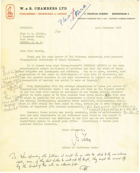Typewritten letter. A publisher's response suggesting other publishers to contact about a proposed dictionary of women artists.