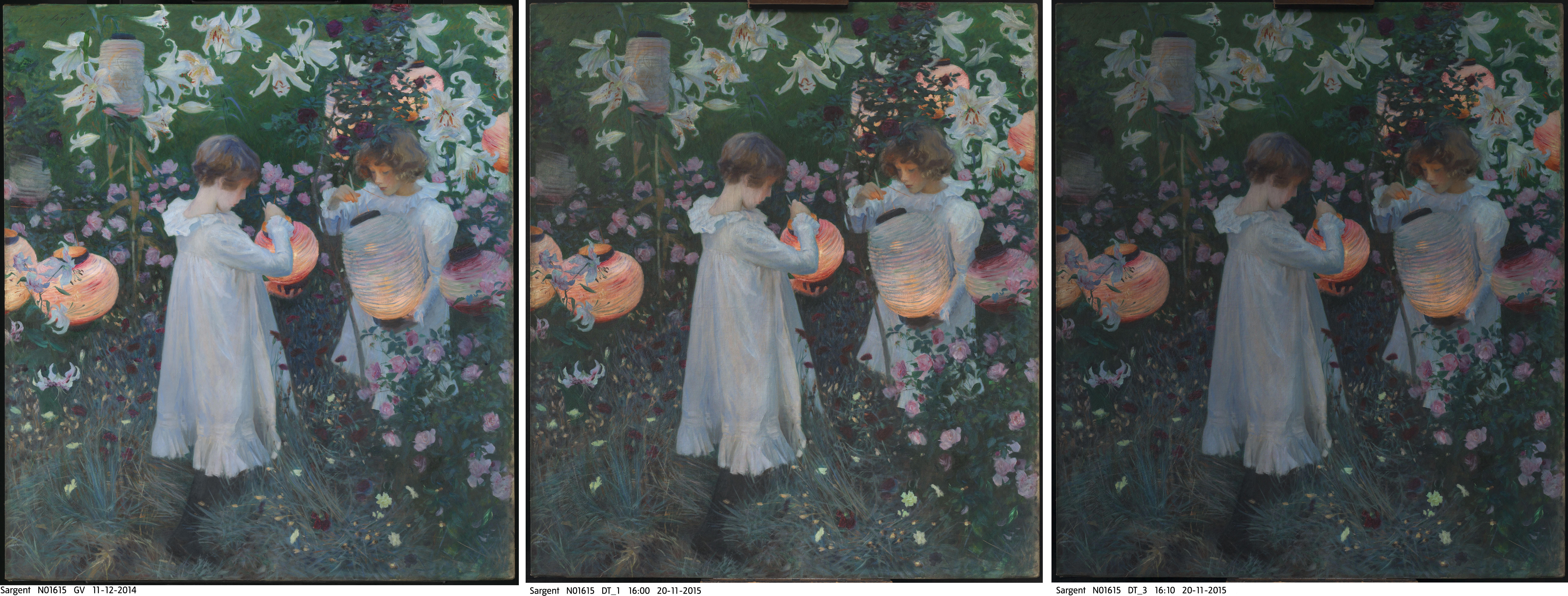 Painting. Three views of the same painting each show two girls lighting paper lanterns in a garden. Each successive image becomes a little darker, though the lanterns seem to glow more brightly the deeper the shadows get.