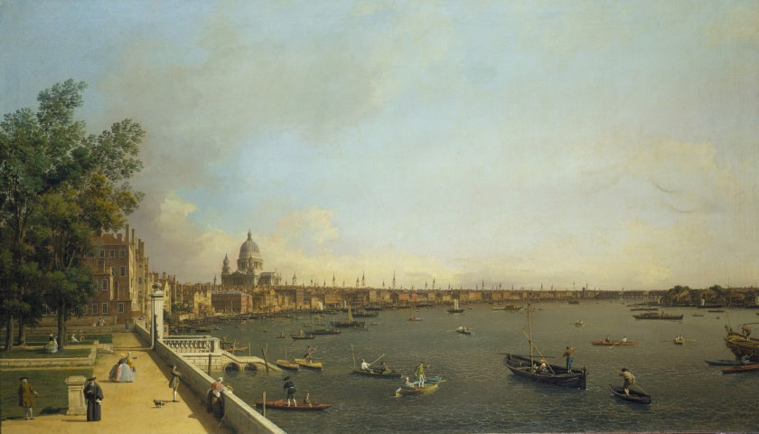 Painting. A sweeping view encompasses the Thames river and London’s prickly skyline on its north shore, which is made so by almost countless spires. The dome and drum of St Paul’s Cathedral rises high around the surrounding buildings. A walkway along the river comes towards us, along the left edge of the painting.