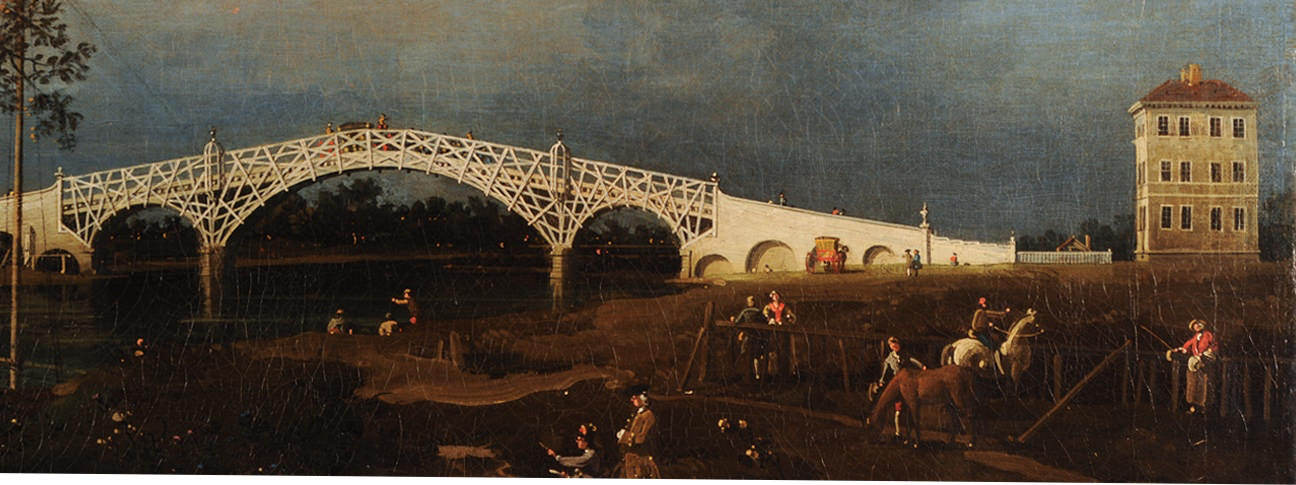 Painting. Detail view of a white bridge spanning a river. A three-storey, hipped-roofed house is on the riverbank to our right.