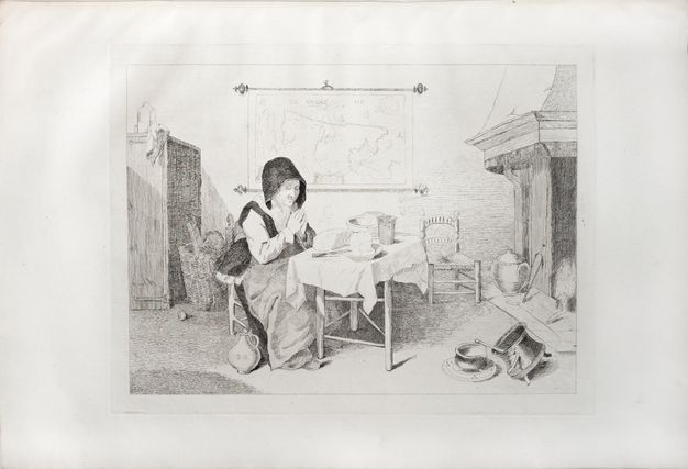 Print. A woman wearing a long dress and black hood-like head covering sits at a table with her hands together in prayer. Bread, a bowl, cup, and knife lie on the white tablecloth. A map hangs behind her, and a fire burns in a hearth, to our right.