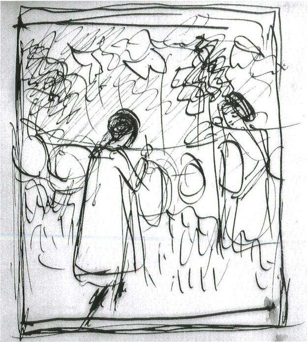 Drawing. A vertical rectangle frames two loosely sketched girls holding round objects. Squiggles in the background suggests a garden.