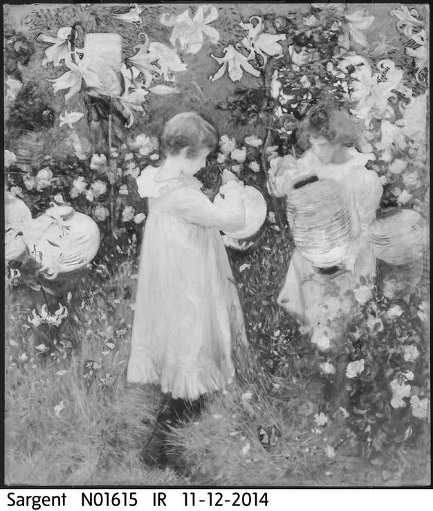 Infrared photograph. Black and white image of a painting showing two girls lighting paper lanterns in a garden shows some noticeably dark lines around lilies across the top of the picture.