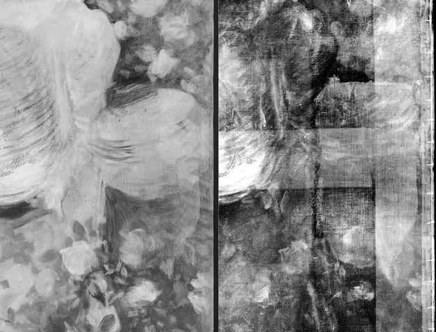 Infrared and X-radiograph. Two black and white images show a detail of paper lanterns in a garden. Ghostly layers in each show how the shapes and sizes of lanterns were painted over and changed.