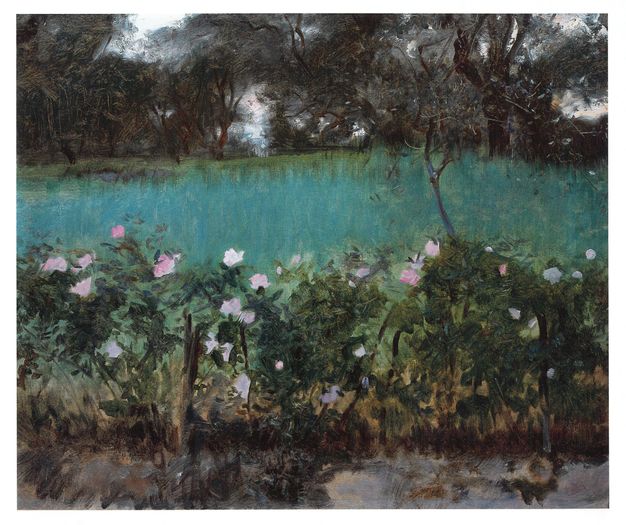 Painting. A bank of loosely painted pale pink roses against dusky-green leaves spans the lower edge of this composition. Teal-blue water beyond is painted with blended strokes, giving it a soft look. Dark trees line the far bank and nearly block out the pale sky in the upper third of this painting.