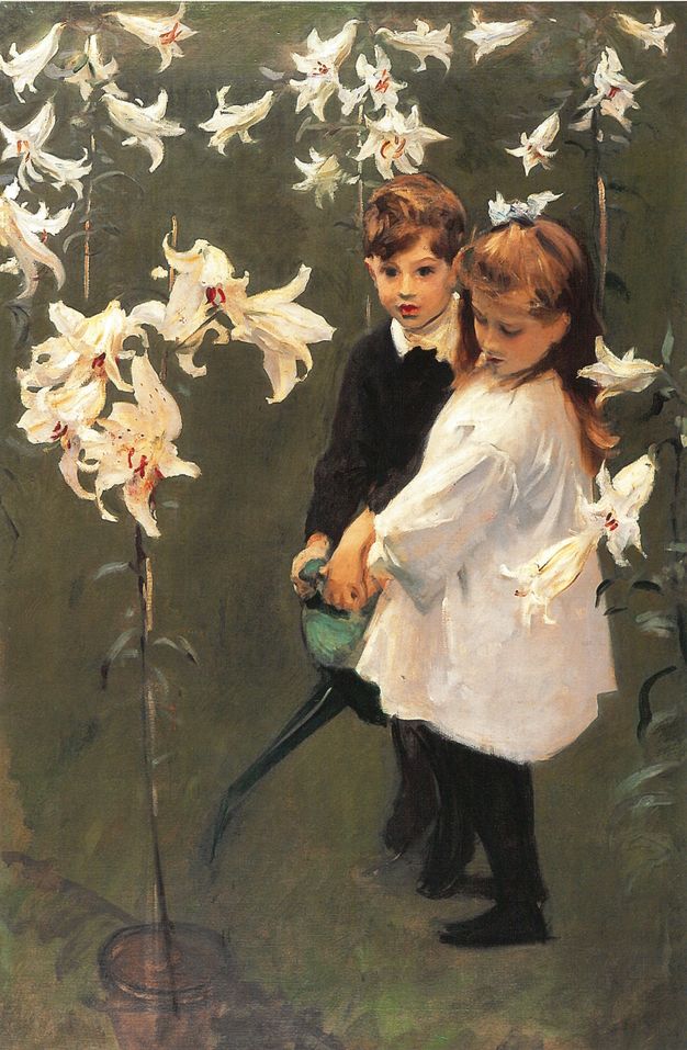 Painting. A pale-skinned boy and girl together water a pot of tall white lilies. Both have copper brown hair. The girl looks at the pot, and the boy looks out at us. Tall stems of these and other lilies tower over the heads of the children, creating an arc over the pair.