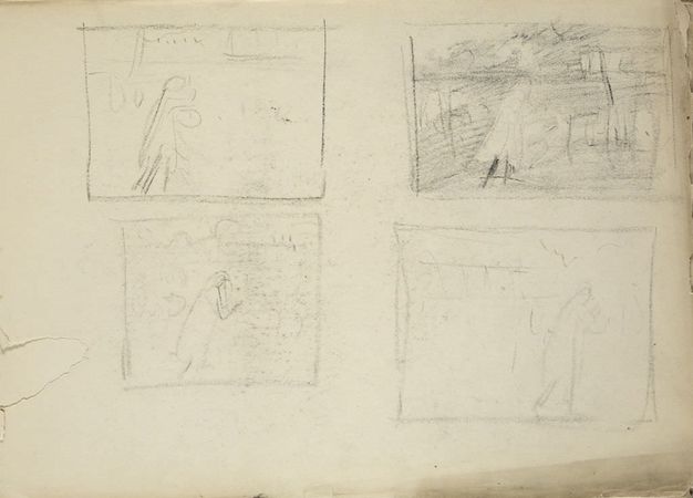 Drawing. Four squares and rectangles sketchily drawn in charcoal on off-white paper show bodies blocked into larger compositions.