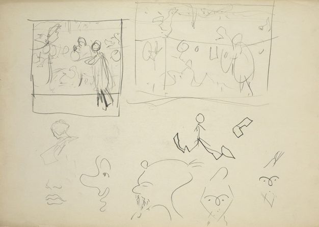 Drawing. Two rectangles at the top of the sheet block out the forms of people and round lanterns. A few comic heads with exaggerated features are drawn below.