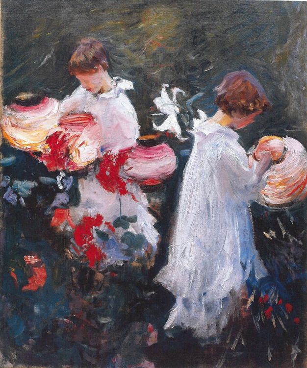 Painting. Two children with brown hair, wearing white ruffled dresses, stand lighting paper lanterns in a garden. They face away from each other, their faces warmed by the light of the lanterns. The scene is loosely painted with visible brushstrokes and touches of vivid colour.