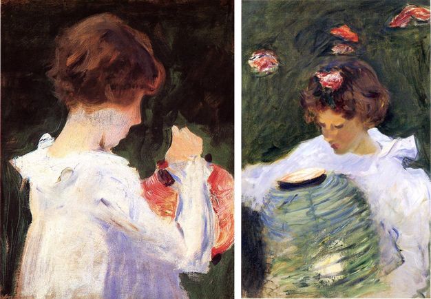 Paintings. Each of two shows a brown-haired girl from the waist up. Both wear white ruffled dresses and light paper lanterns. The girl to our left faces away from us. The scenes and green backgrounds are loosely painted, and some details are indistinct.
