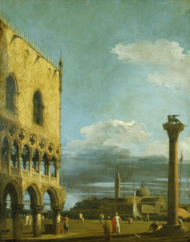 Painting. The corner of the Doge’s Palace edges into view at our left in this tall landscape. A winged lion is atop a tower to our right. People walk around the square below. The tower and dome of the church of San Giorgio Maggiore are outlined against grey streaks of clouds in an otherwise blue sky.