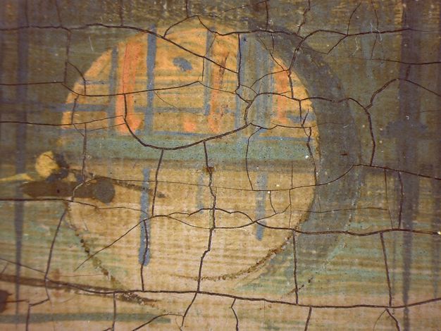 Painting. Compass marks can be seen outlining the rings of a half-arch above the water line and the corresponding reflection below. Cracks in the paint are like a net across the surface.
