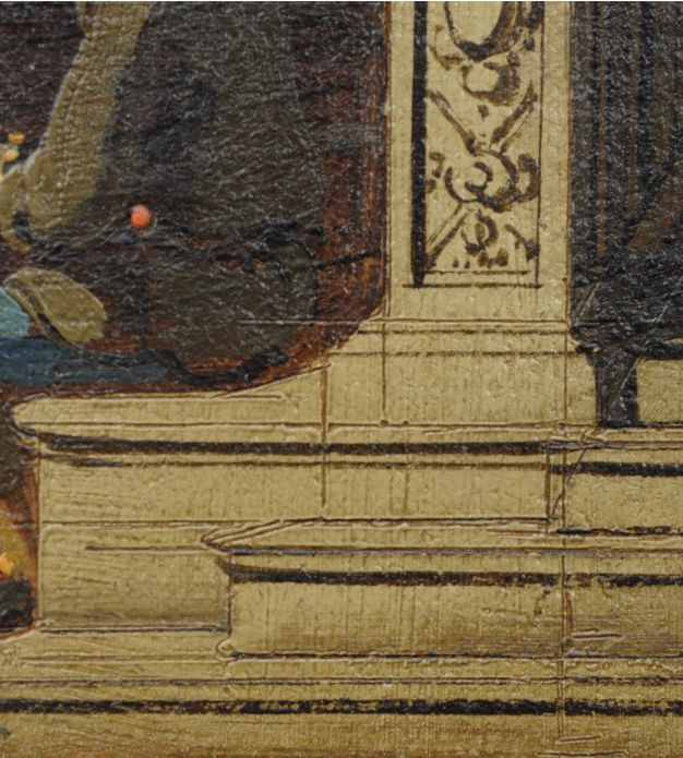 Painting. Detail view shows several sets of incised lines used to paint stairs.