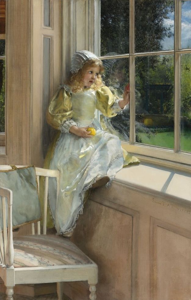Painting. A pale-skinned girl with blond curls sits on a wide window ledge, gazing from under her brows at the sunny day outside. She wears a white bonnet and apron, and pale yellow, long dress, and holds a yellow object, probably a ball or apple, with one hand. The other rests against a rail of the window.
