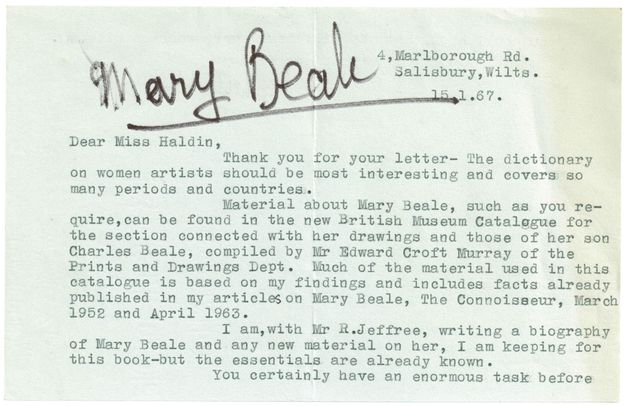 Typewritten letter. An author's response with information about where to find material about Mary Beale. The name “Mary Beale” has been handwritten across the top using a felt tip marker.